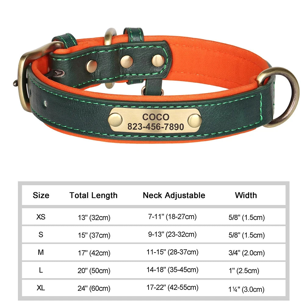 Green Color Personalized Leather Dog Collar With Engraved ID Plate