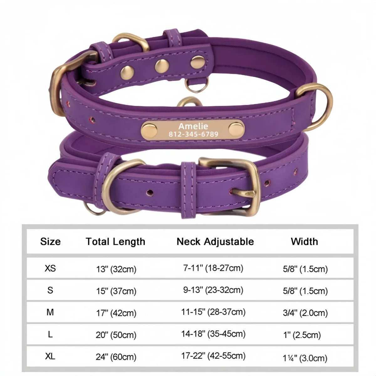 Purple Color Personalized Leather Dog Collar With Engraved ID Plate