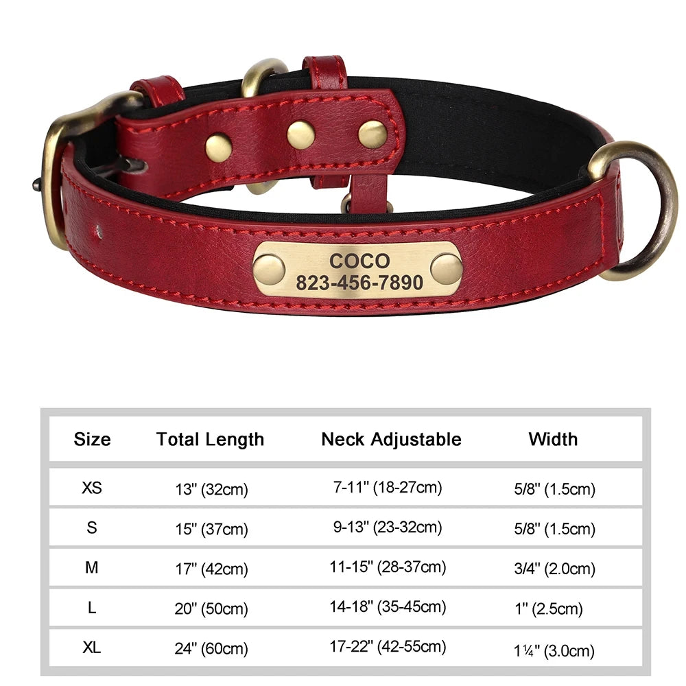 Red Color Personalized Leather Dog Collar With Engraved ID Plate