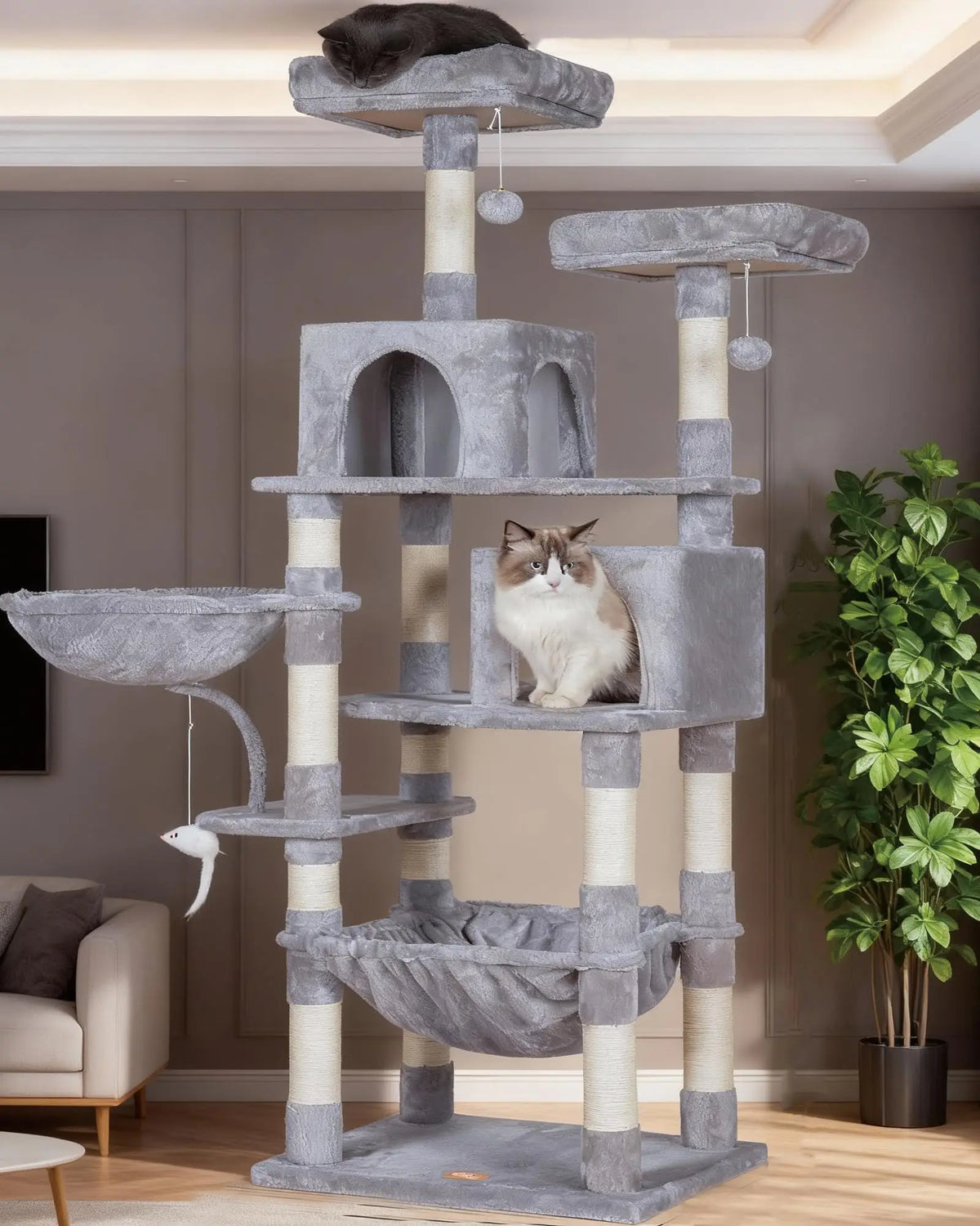 Light Gray Color Four-Tier Cat Tree Tower with Toys for Indoor Cats
