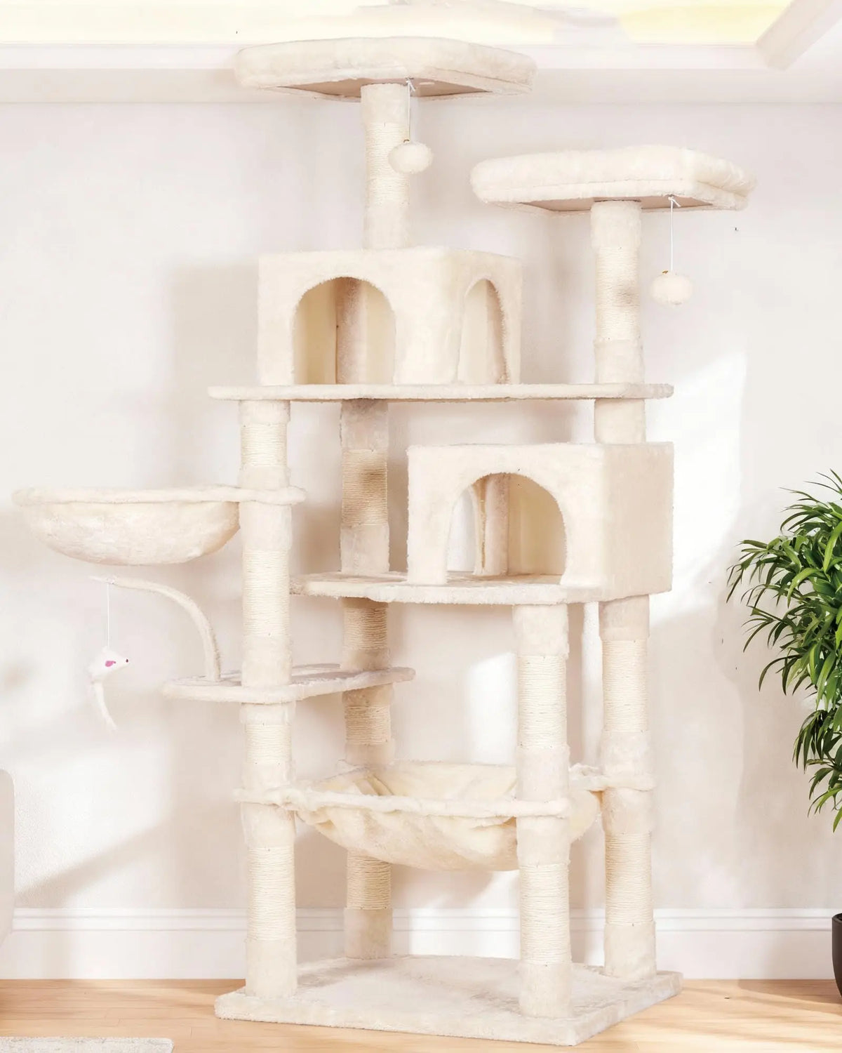 Beige Color Four-Tier Cat Tree Tower with Toys for Indoor Cats