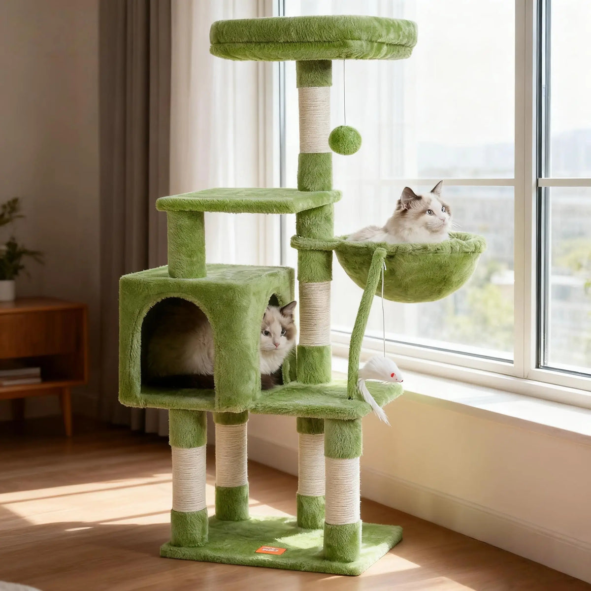 green Color Four-Tier Cat Tree Tower with Toys for Indoor Cats