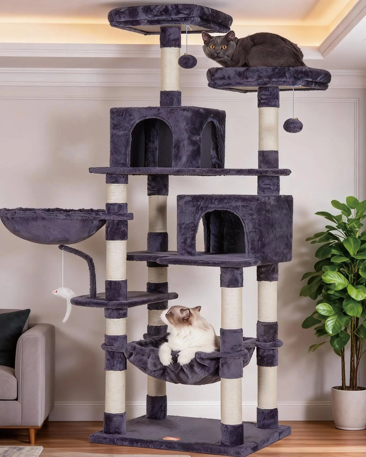 Smoky Gray Color Four-Tier Cat Tree Tower with Toys for Indoor Cats