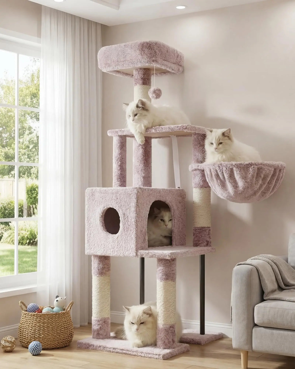 Muchroom Color Four-Tier Cat Tree Tower with Toys for Indoor Cats