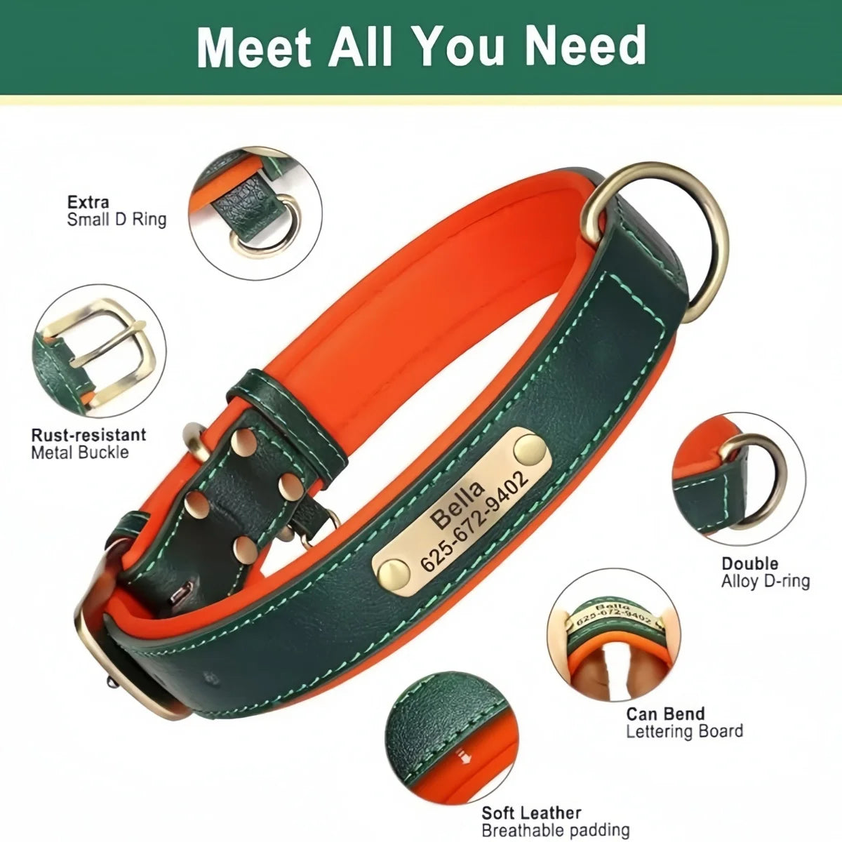 Personalized Leather Dog Collar With Engraved ID Plate