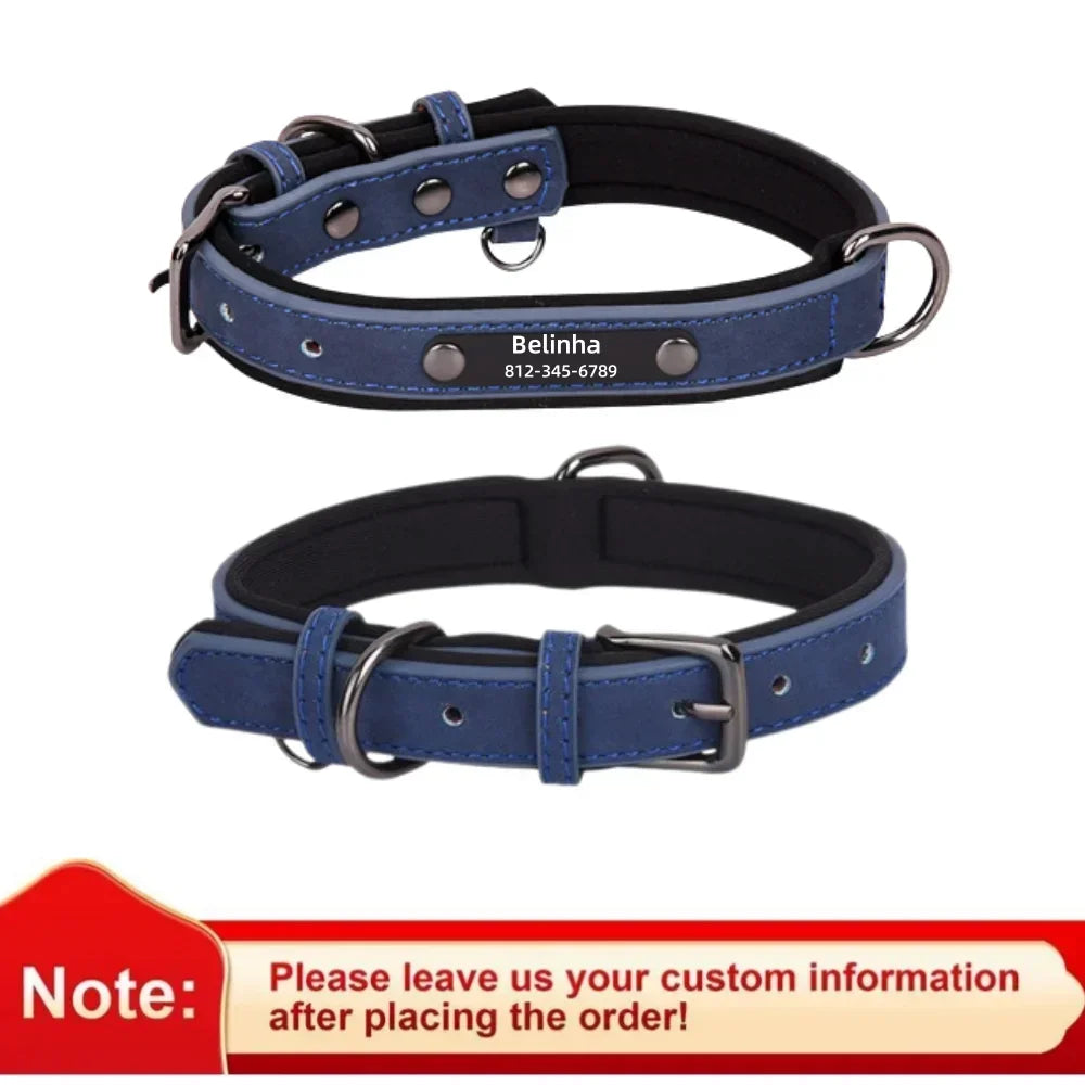 Navy Blue Color Personalized Leather Dog Collar With Engraved ID Plate