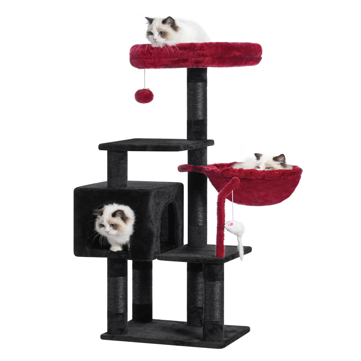 Black and Red Color Four-Tier Cat Tree Tower with Toys for Indoor Cats