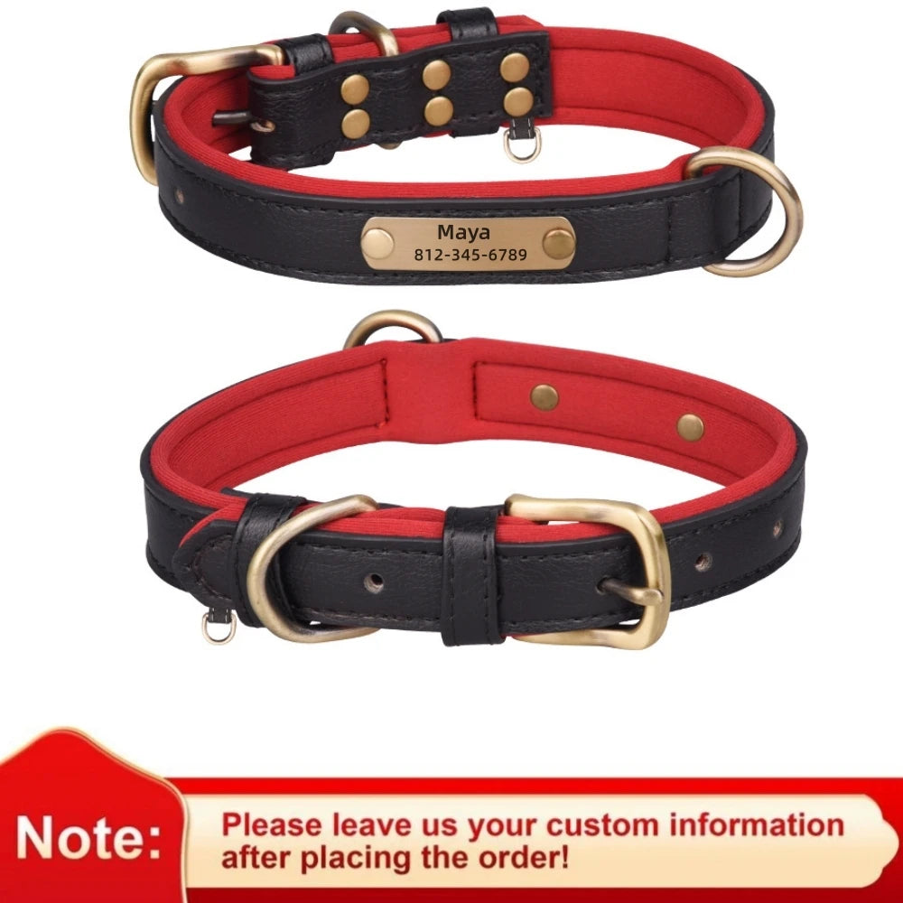 Black Color Personalized Leather Dog Collar With Engraved ID Plate