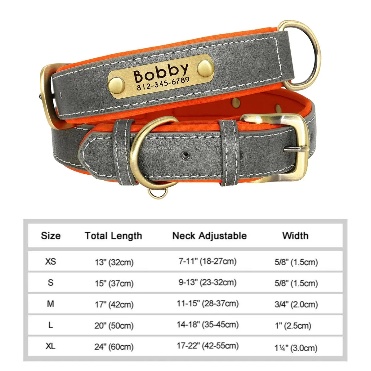 Gray Color Personalized Leather Dog Collar With Engraved ID Plate