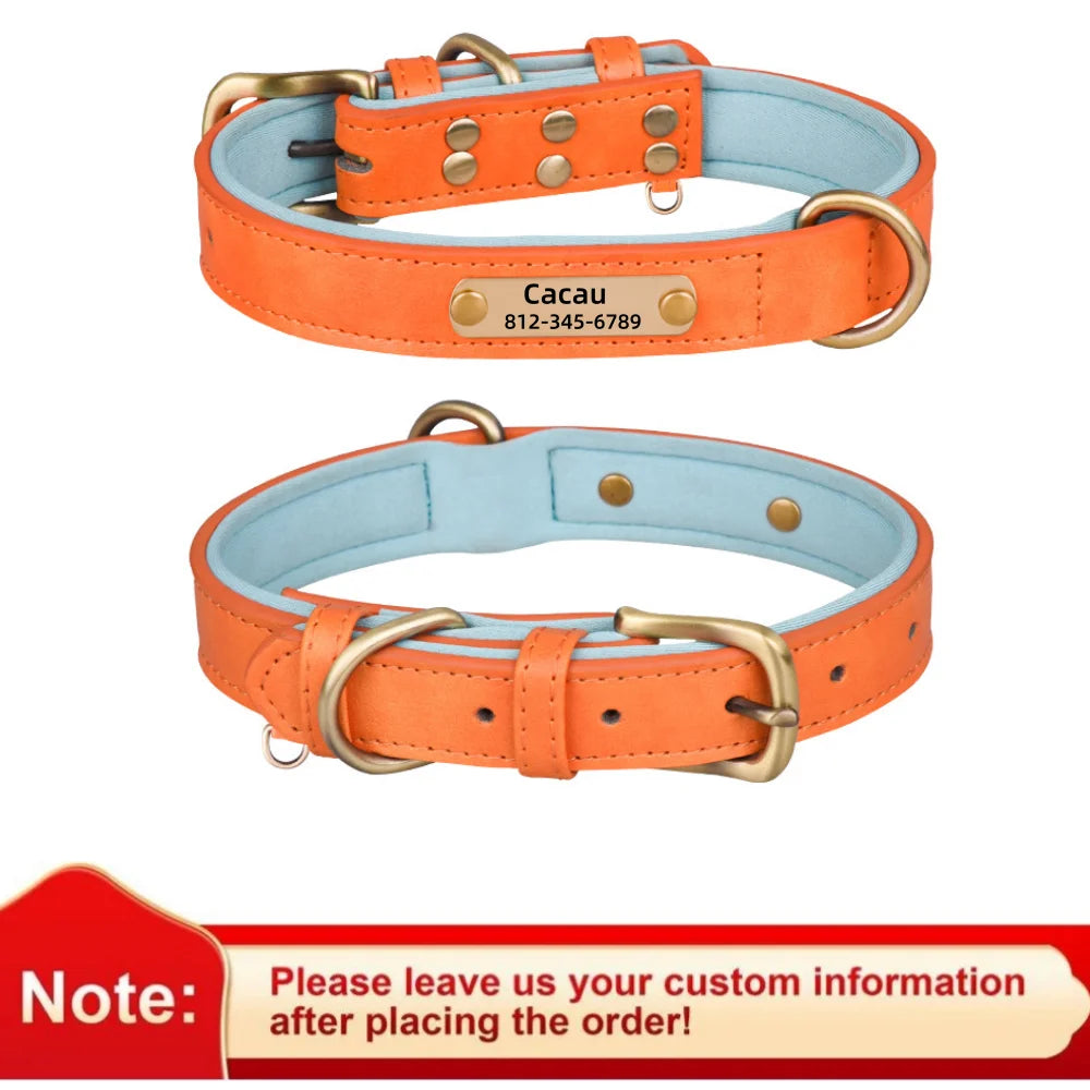 Orange Color Personalized Leather Dog Collar With Engraved ID Plate