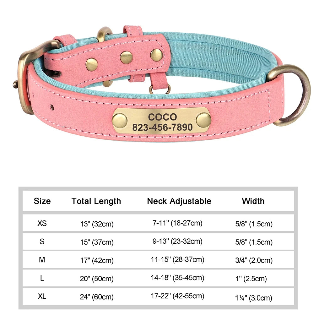Pink Color Personalized Leather Dog Collar With Engraved ID Plate