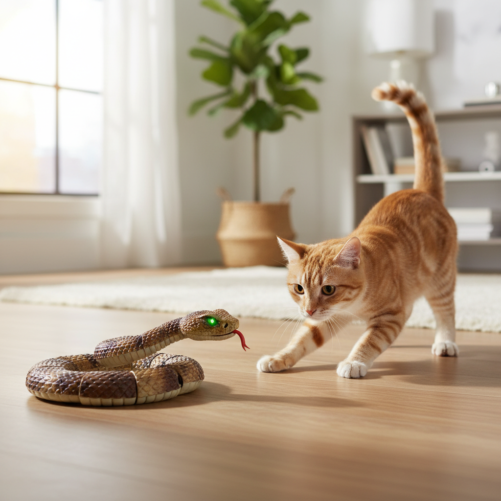 Tabby cat stalking the interactive glowing snake toy on hardwood floor