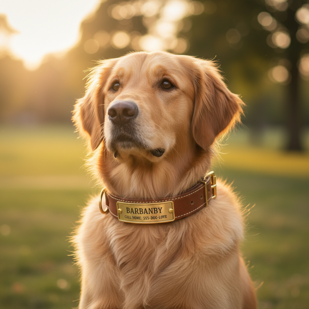Golden retriever wearing personalized leather collar with engraved nameplate in golden hour sunlight