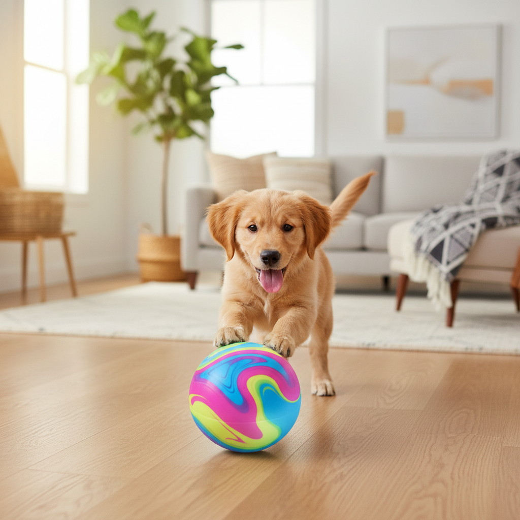 Golden retriever puppy mid-pounce on a glowing interactive pet ball in a cozy living room